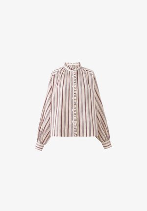 Blouse rayée à manches longues, avec encolure volantée et fermeture à boutons. Fabriquée en tissu léger, elle présente des rayures alternées fines et épaisses en crème et rouge foncé.