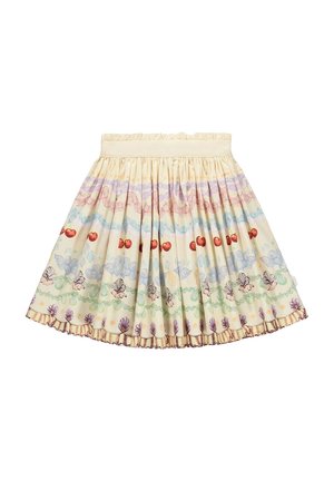 Gonna a trapezio plissettata in tessuto avorio con motivi colorati di frutta, uccelli e disegni floreali. Vita elastica e orlo arricciato.