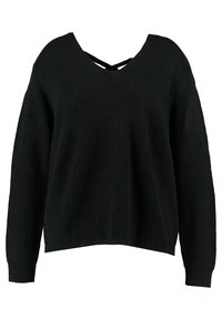 Zwarte, oversized gebreide trui met een V-hals en kruisrugontwerp. Heeft ribbelmanchetten en -zoom voor extra textuur.