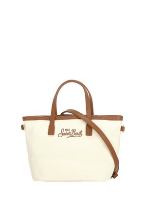 Kleine crèmekleurige tote tas met bruine leren handgrepen, afwerking en schouderriem, met het "MC2 Saint Barth" logo aan de voorkant.