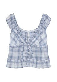 Blouse sans manches à carreaux bleu clair et blanc avec volants, boutons à l'avant et encolure carrée.