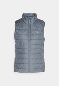 Gray sleeveless puffer vest with a high collar, front zipper, and side pockets. Quilted texture with a logo on the chest.