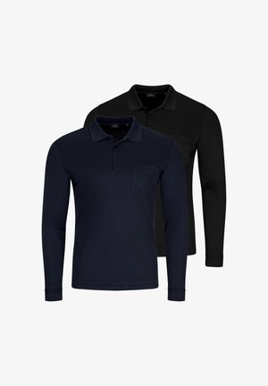 Deux polos à manches longues, l'un bleu marine et l'autre noir, chacun doté d'une poche sur la poitrine gauche et d'un col boutonné.