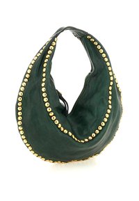 Borsa hobo in pelle verde scuro con una forma curva, decorata con due file di borchie rotonde dorate lungo i bordi.
