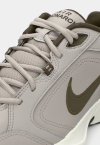 Adidași de culoare gri deschis, cu un superior texturat, accente bej, șireturi rotunde și un logo Nike de culoare verde măslin închis. Talpa din cauciuc este vizibilă.