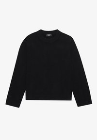 Black crew-neck sweater with long sleeves, ribbed cuffs and hem, made of soft material. Simple, clean design without patterns or accents.