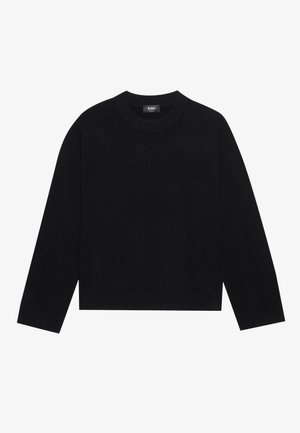 Maglione nero a girocollo con maniche lunghe, polsini e orlo a costine, realizzato in materiale morbido. Design semplice e pulito, senza fantasie o decorazioni.