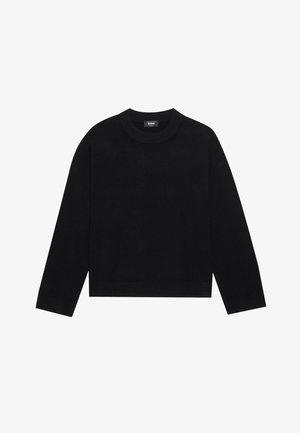 Black crew-neck sweater with long sleeves, ribbed cuffs and hem, made of soft material. Simple, clean design without patterns or accents.