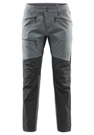 Pantalon de randonnée bicolore pour homme avec poches zippées à la cuisse et à la hanche, fermeture par bouton et zip, conçu pour les activités de plein air.