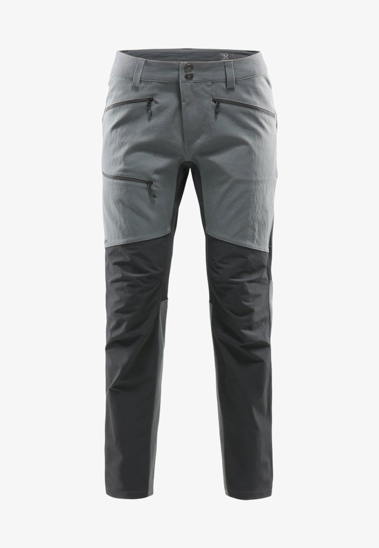 Pantalon de randonnée bicolore pour homme avec poches zippées à la cuisse et à la hanche, fermeture par bouton et zip, conçu pour les activités de plein air.
