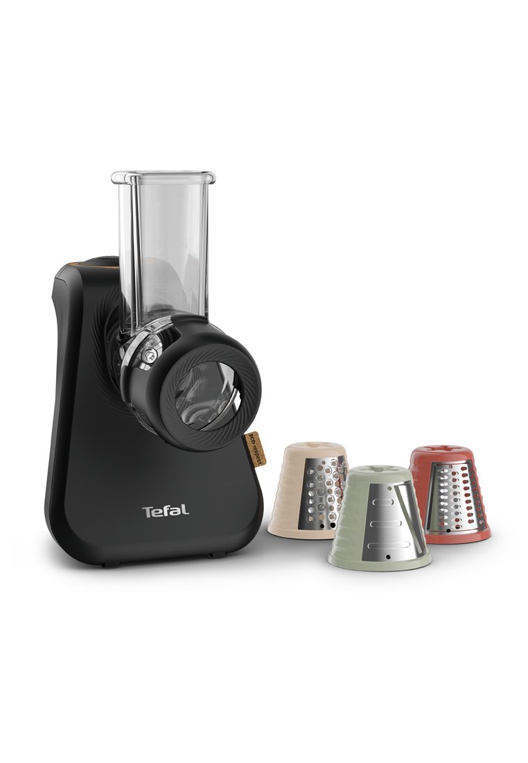 Râpe électrique Tefal en plastique noir, dotée d'un tube d'alimentation transparent, avec quatre cônes de râpage interchangeables en rouge, beige et vert.