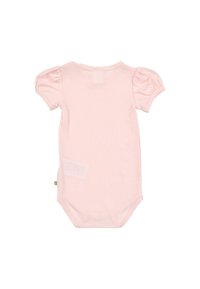 Růžový žebrovaný overal s krátkými nabíranými rukávy, kulatým výstřihem a patentkami na dně; měkká tkanina s jemnou strukturou.