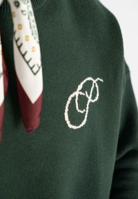 Suéter de punto verde con un logotipo blanco bordado y un acento de bufanda de rayas rojas y blancas en el escote. Textura suave.