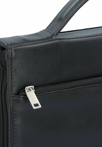 Black leather bag with a smooth texture, featuring a zippered pocket and a sturdy handle. The zipper pull is metallic with a rectangular design.