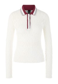 Langärmeliges Polo aus strukturiertem weißem Stoff. Mit einem kragen in Bordeauxrot und Grau mit gestreiften Akzenten sowie einer Knopfleiste.