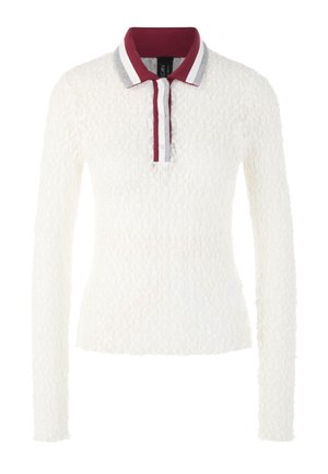 Langärmeliges Polo aus strukturiertem weißem Stoff. Mit einem kragen in Bordeauxrot und Grau mit gestreiften Akzenten sowie einer Knopfleiste.