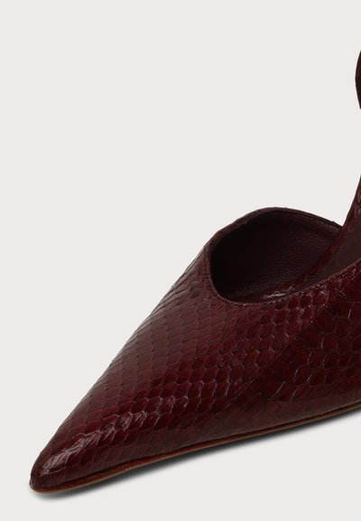 Gros plan d'une chaussure rouge foncé à bout pointu avec une texture peau de serpent et un design latéral ouvert sur un fond clair uni.