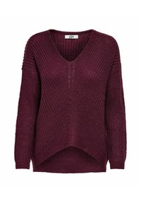 Maglione a maglia bordeaux con scollo a V, vestibilità ampia e maniche lunghe. Presenta un motivo testurizzato e un design orlo alto-basso. Etichetta del marchio "JDY" visibile.