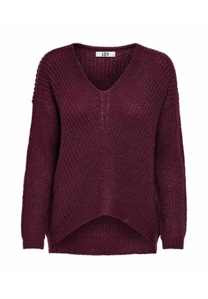 Suéter de punto burdeos con escote en V, corte holgado y mangas largas. Presenta un patrón texturizado y un diseño de dobladillo asimétrico. Etiqueta de la marca "JDY" visible.
