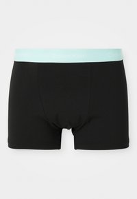 Zwarte boxershorts gemaakt van zacht, rekbaar materiaal. Heeft een lichtblauwe elastische tailleband met het logo "Calvin Klein".