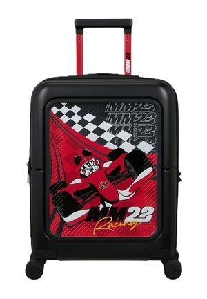 Valigia trolley rigida nera con manico estensibile rosso, con grafica di auto da corsa rossa e Topolino con disegno a bandiera a scacchi.