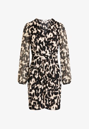 Schwarz-creamfarbenes gemustertes Wickelkleid mit langen durchsichtigen Ärmeln, tailliertem Schnitt und Rüschendetail am Saum. Weicher Stoff mit leichtem Glanz.