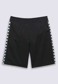 Pantaloni da nuoto neri realizzati in materiale elastico, con un motivo a quadri sui lati e due tasche frontali, dotati di un cintura liscia.