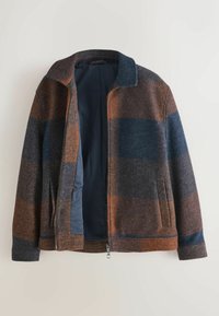 Wool jacket featuring a zip front, spread collar, and a multi-colored check pattern in brown, navy, and gray. Interior lined in dark fabric.