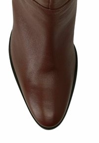 Bottine en cuir marron avec un bout pointu et une texture lisse. Présente un design minimaliste et une semelle noire.