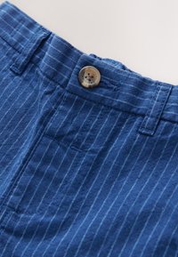 Pantalones cortos de tela azul a rayas con cierre de botón en la cintura y un acabado texturizado, con finas líneas verticales para mayor detalle.