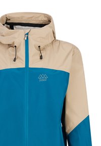 Modrá a béžová zipová bunda vyrobená z hladkej, vodoodolnej tkaniny. Má kapucňu, šnúrky a logo. Dizajn v blokoch farieb.