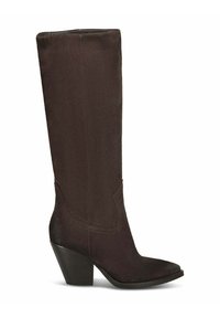 Stivale al ginocchio in suede marrone scuro con punta affusolata e tacco blocco angolato, vista laterale su sfondo bianco.