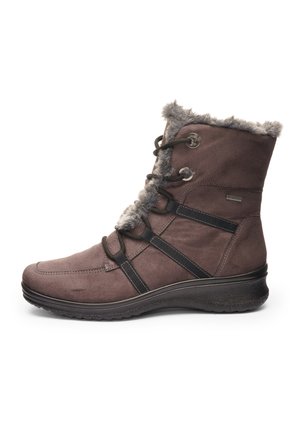 Botte d'hiver marron avec lacets noirs, doublure en fourrure autour du haut et semelle texturée pour une meilleure adhérence.