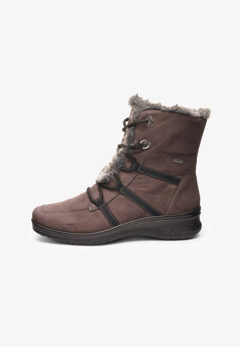 Brauner Winterstiefel mit schwarzen Schnürsenkeln, Fellbesatz am oberen Rand und einer strukturierten Sohle für besseren Halt.
