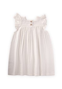 Weißes Baumwollkleid mit kurzen, rüschierten Ärmeln, rundem Ausschnitt und drei Holzknöpfen auf der Vorderseite, mit einem lockeren, gerafften Design.
