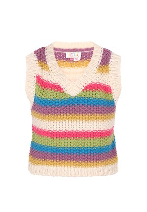 Hæklet vest med V-hals og ærmeløst design. Multiffarvede striber i pink, grøn, blå, lilla og gul på en cremefarvet baggrund.