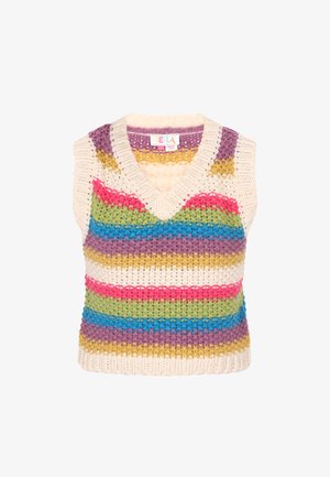 Adīta veste ar V veida kaklu un bez piedurknēm. Daudzkrāsaini svītriņas rozā, zaļā, zilā, purpursarkanā un dzeltenā krāsā uz krēmkrāsas fona.