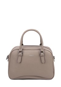 Borsa a tracolla in pelle grigia con finitura a ciottoli, doppio manico, chiusura a zip e hardware in tonalità argento. Presenta un marchio discreto nella parte anteriore.