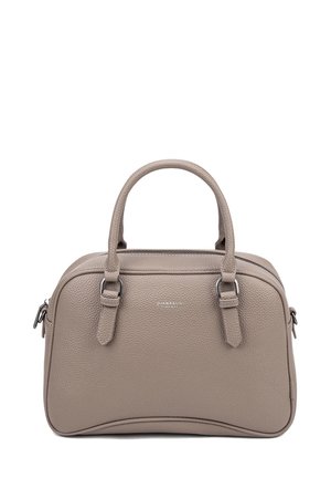 Borsa a tracolla in pelle grigia con finitura a ciottoli, doppio manico, chiusura a zip e hardware in tonalità argento. Presenta un marchio discreto nella parte anteriore.