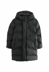 Manteau matelassé noir avec capuche, fermeture éclair et boutons à l'avant, deux grandes poches latérales et une poche poitrine zippée. Texture lisse.