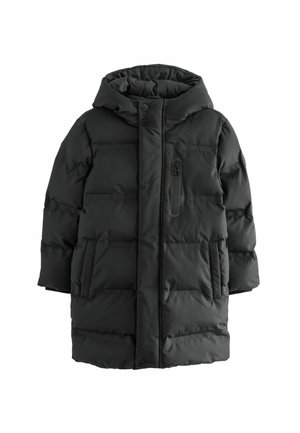 Manteau matelassé noir avec capuche, fermeture éclair et boutons à l'avant, deux grandes poches latérales et une poche poitrine zippée. Texture lisse.