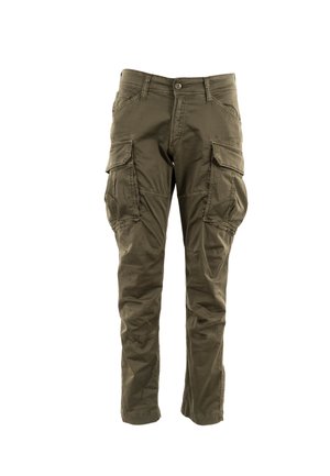 Pantaloni cargo verde oliva realizzati in un tessuto resistente, con numerose tasche laterali, patta con zip e design a gamba dritta.