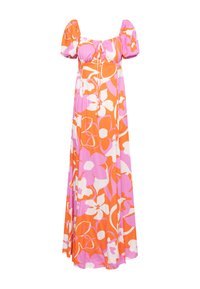 Maxi-jurk met een vierkante halslijn en pofmouwen, met een bloemenpatroon in oranje, roze en wit op lichte stof.