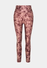 Vysoké legíny s barevným vzorem tie-dye v odstínech růžové a fialové, vyrobené z elastické tkaniny s hladkou strukturou a přiléhavým designem.