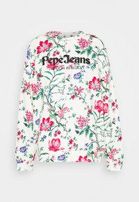 Kwiatowy sweter z białym tłem, żywymi różowymi i niebieskimi wzorami kwiatowymi oraz haftowanym czarnym napisem "Pepe Jeans London in Bloom."