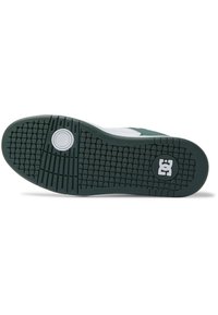 Green rubber shoe sole with a patterned texture. Features a white circular logo and a smooth edge, designed for traction and durability.
