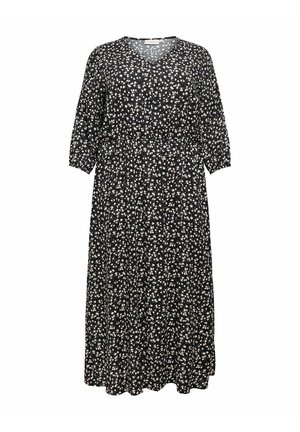 Schwarzes Midikleid mit weißem Blumenmuster, V-Ausschnitt und dreiviertel Puffärmeln mit elastischen Bündchen.