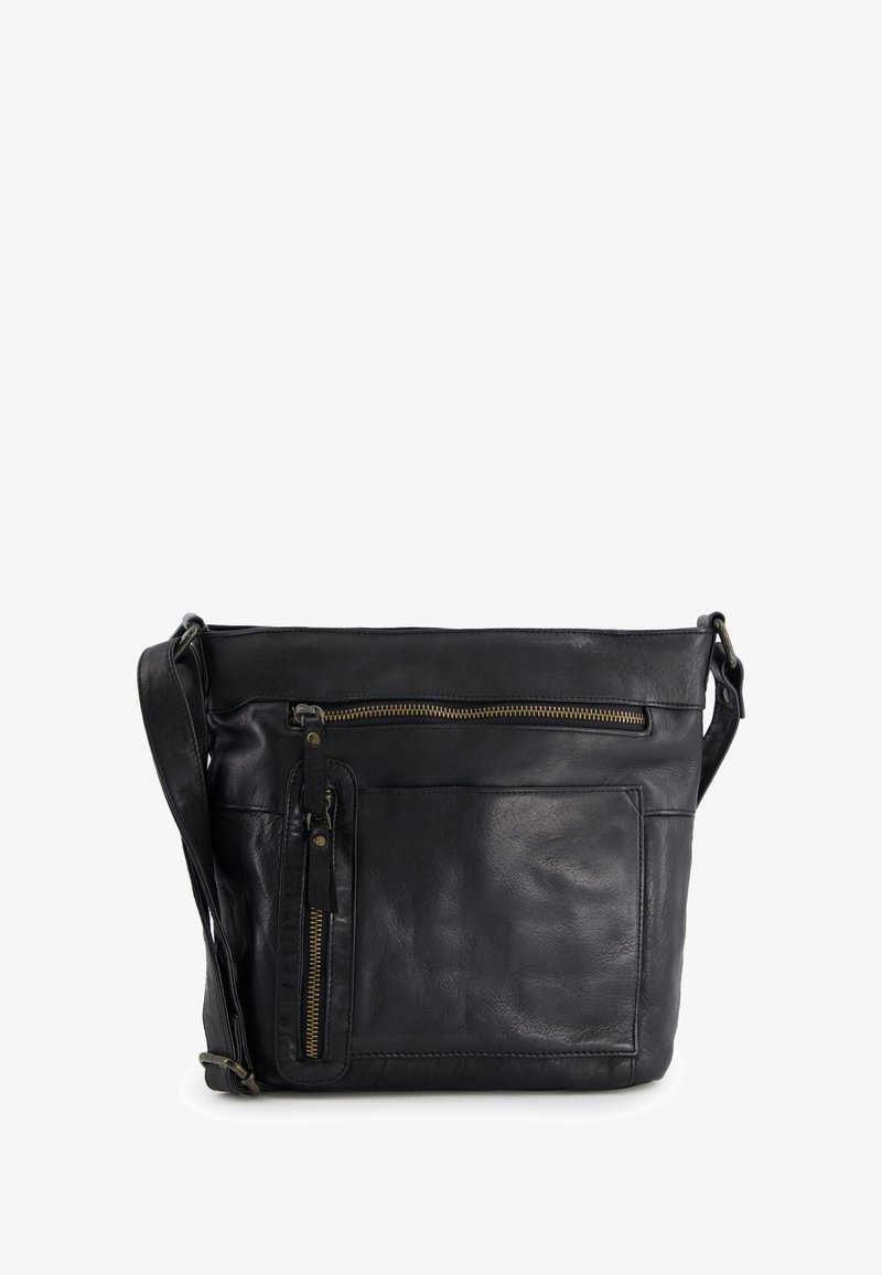 Black leather shoulder bag featuring a front zip pocket, adjustable strap, and a smooth texture with visible stitching details.