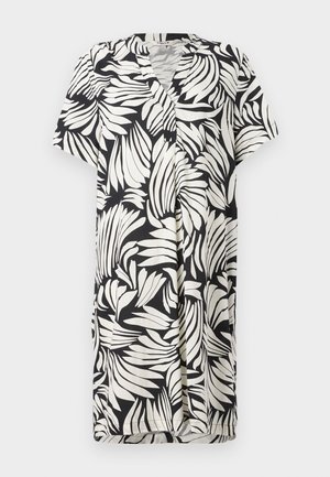 Short-sleeve mekko, jossa on V-pääntie, musta-valkoinen lehtikuosi kevyessä kankaassa, napitus ja rento istuvuus.