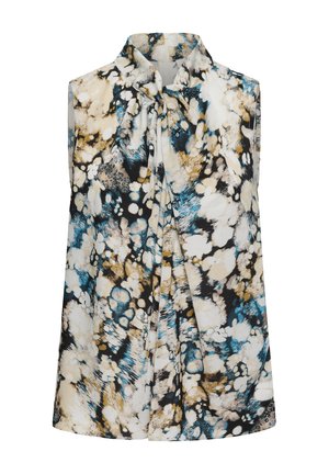 Bluza bez rukava s visokim vratom i mašnom, s apstraktnim višebojnim uzorkom u plavim, bež, crnim i bijelim tonovima.